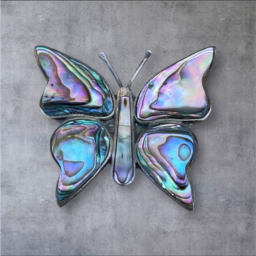 Vintage Butterfly Abalone Inlay Silver Mexico Pin Brooch - Picture 3 of 13